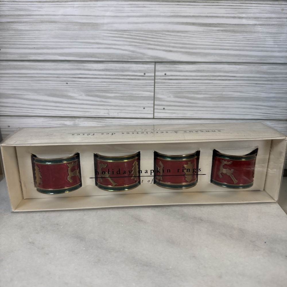 Set of 4 Pier 1 Imports Brass Holiday Napkin Rings Christmas Reindeer & Trees